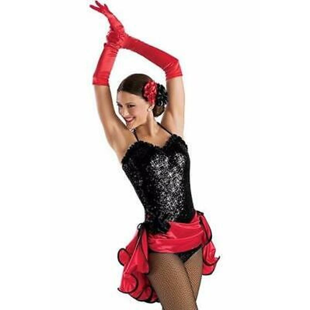 Weissman Black Sequin Bustier with Red Satin Accents and Gloves